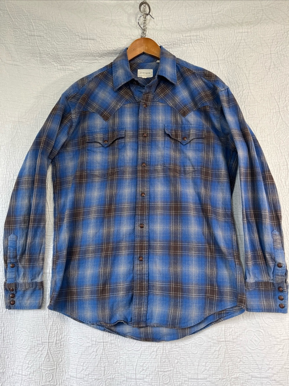 Stetson Mens M Brushed Cotton Flannel Western Pearl Snap Shirt Blue Plaid Casual